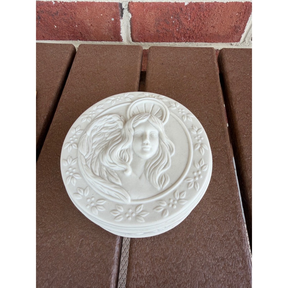 Vintage White Bisque Porcelain Angel Relief Round Trinket Jewelry Keepsake Box